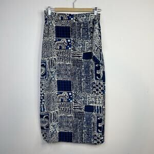 Vintage Silk Faux Wrap midi Skirt Blue Tribal Batik Artsy Tie Dye Patchwork L